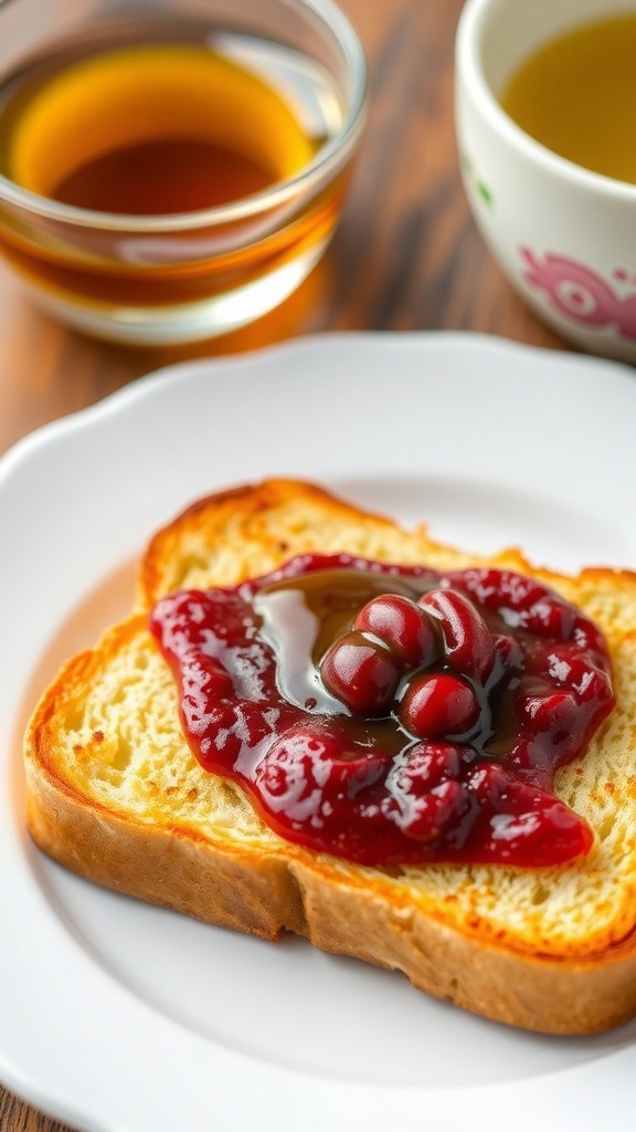 Japanese toast with red bean paste and honey on a white plate next to a cup of green tea.